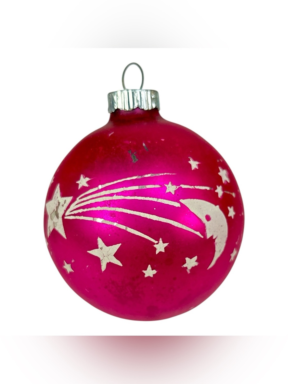 Vtg Hot Pink Shiny Brite Shooting Star Planet Moon Stenciled Christmas Ornament